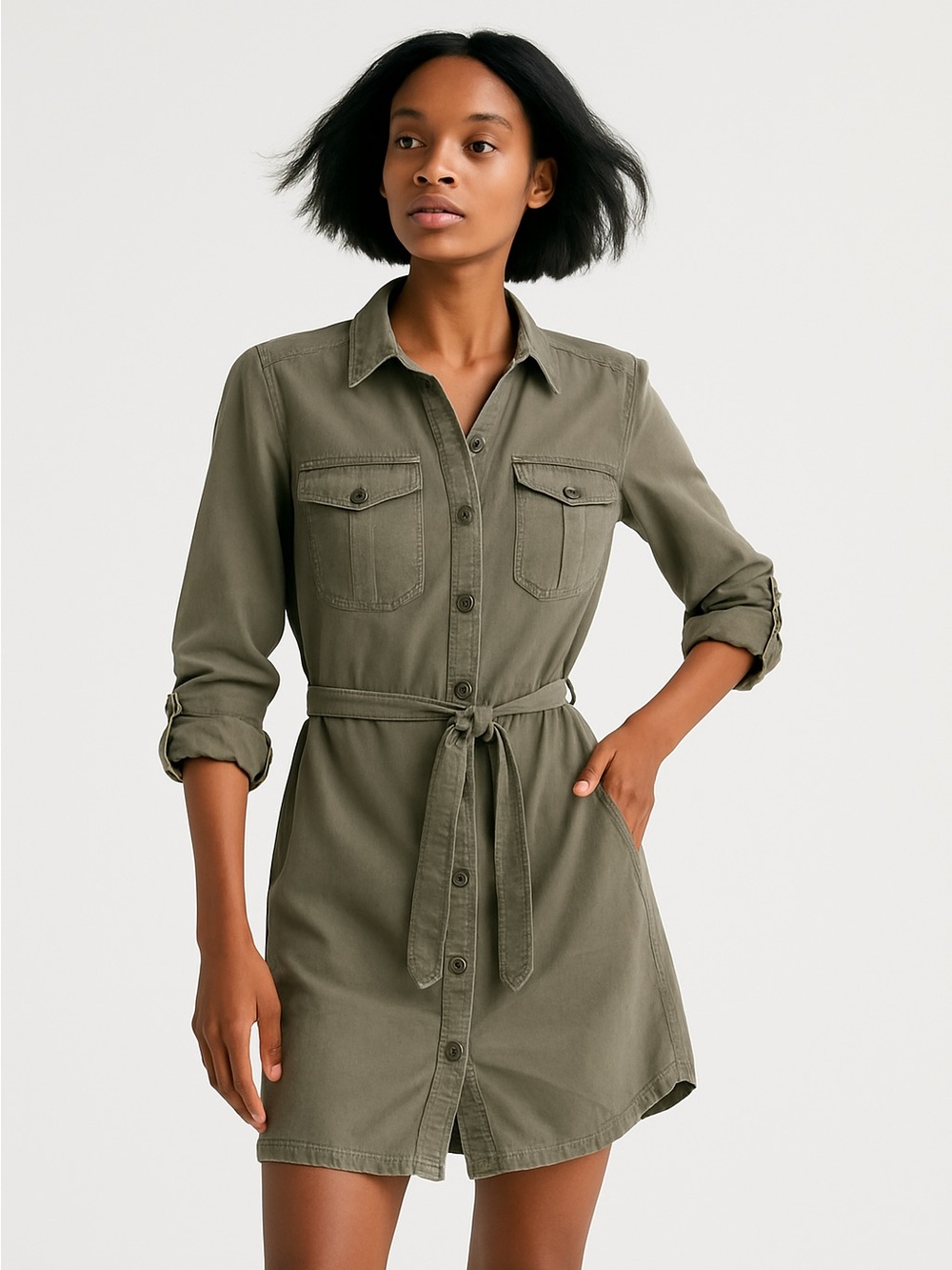 🌸 Casual Olive Shirt Dress with Tie Waist